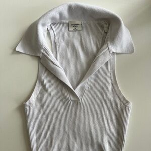 White Ribbed Polo Collar Tank Top
